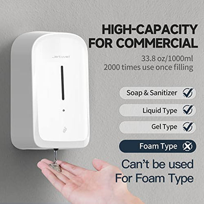 JETWELL Touchless Wall Mount White ABS Plastic Soap Dispenser 34OZ/1000ML | Large Capacity, Battery Powered, Liquid Soap, Commercial & Home Use - color: White Plastic