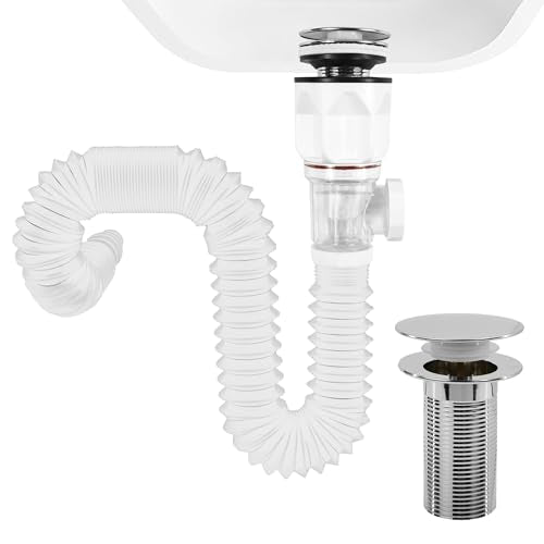 Bathroom White Sink Drain Kit, with Flexible Expandable P-Trap Sink Drain Pipe, Fits 1-1/4",1-1/2" and 2'' Drain Hole, Built-in Anti-Clogging Stopper, Anti-Odor Without Overflow - color: White Without Overflow, style: 1 Pack