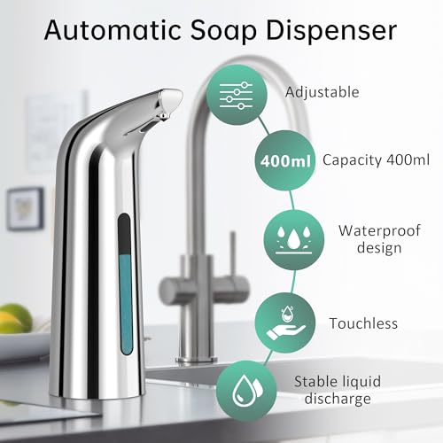 Automatic Liquid Soap Dispenser, 4-Level,Rechargeable | Plastic,13.5oz/400ml Silver Touchless Electric Hand & Dish Countertop Soap Dispensers with Sensor for Bathroom,Kitchen Sink - color: Silver, style: Rechargeable