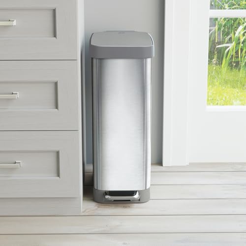 Glad Slim Trash Can with Clorox Odor Protection - Narrow Kitchen Garbage Bin with Soft Close Lid, Step On Foot Pedal and Waste Bag Roll Holder, All Stainless, 12 Gallon/45 Liter - color: All Stainless