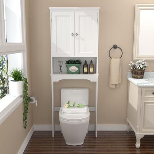 Over the Toilet Storage Cabinet with Double Doors, White Bathroom Storage Cabinets Above Toilet with Adjustable Shelf, Slim Narrow Toilet Rack for Bathroom, White (MDF)