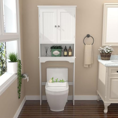 Over the Toilet Storage Cabinet with Double Doors, White Bathroom Storage Cabinets Above Toilet with Adjustable Shelf, Slim Narrow Toilet Rack for Bathroom, White (MDF)