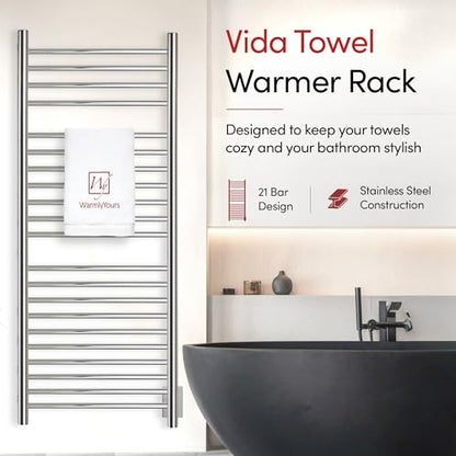 WarmlyYours Vida Heated Towel Rack, 21 Bars, Polished Steel | Wall-mounted hardwired electric towel warmer, 304 stainless, even heat distribution, spa comfort for large bathrooms