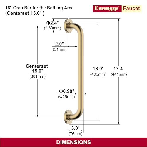 16 Inch Grab Bar 304 Stainless Steel Anti-Slip Bathroom Safety Handrail Wall Mount Assist Grip for Elderly Handicap Bathtub Shower Toilet,GB-4023-BG,Brushed Gold - color: Brushed Gold