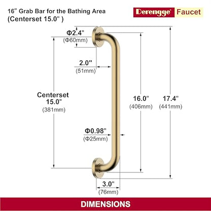 16 Inch Grab Bar 304 Stainless Steel Anti-Slip Bathroom Safety Handrail Wall Mount Assist Grip for Elderly Handicap Bathtub Shower Toilet,GB-4023-BG,Brushed Gold - color: Brushed Gold