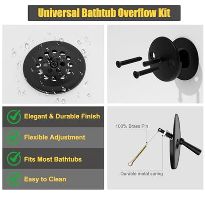 Trip Lever Tub Drain Kit, Matte Black | Bathtub Drains Stopper Replacement Kits, Trip Lever Overflow Faceplate, Tub Drains Strainer, Thread Adapter & Gasket - color: Black Kits
