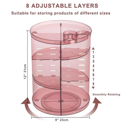 Rotating Makeup Organizer, DIY 8 Adjustable Layers Spinning Skincare Storage, Cosmetic Display Case with Brush Holder and Perfume Tray, Multi-Function Vanity Bathroom Countertop Organizer Clear Pink - color: Clear Pink