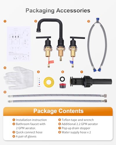 WOWOW Black Bathroom Faucet 3 Hole, Widespread Vanity Sink Faucets 8 Inch | Copper Inlet Matte Black Faucet for Bathroom Sink with Swivel Spout, Two Handles Lavatory Tap with Drain and cUPC Supply Line - color: Black, style: Upgrade-8 Inch