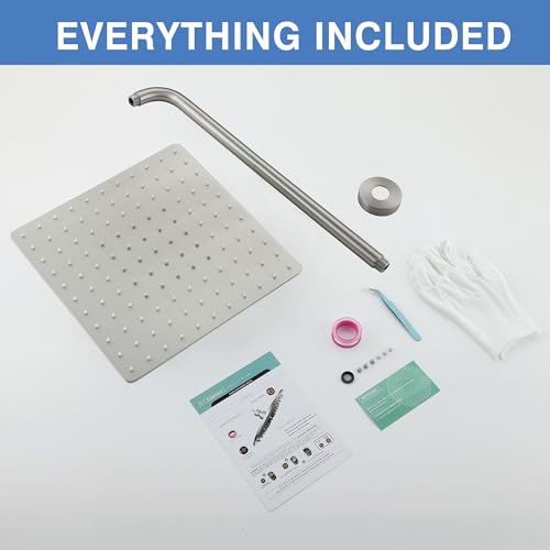 Solid Metal Large Rain Shower Head, Square High Flow Ceiling Rainfall Shower Head with Shower Arm and Flange, Reinforced Explosion-Proof Stainless Steel Construction (12-Inch, Brushed Nickel) - color: Brushed Nickel, size: 12 Inch
