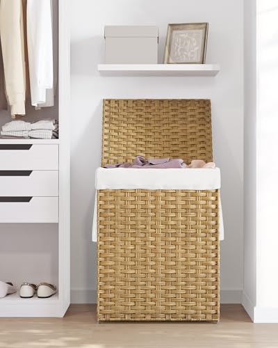 SONGMICS Laundry Hamper with Lid, 23.8 Gallon (90 L) Synthetic Rattan Clothes Laundry Basket with Lid and Handles, Foldable, Removable Liner, Goose Yellow ULCB51NL - color: Goose Yellow, size: 90 L
