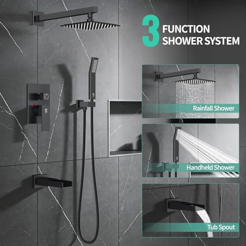 SR SUN RISE 8 Inch All Metal Square Shower System with Tub Spout, Tub Shower Faucet Set, High Pressure Rain Shower Head and Handheld Sprayer Shower Fixtues, Valve Included, Matte Black - color: Matte Black, size: 8 Inch