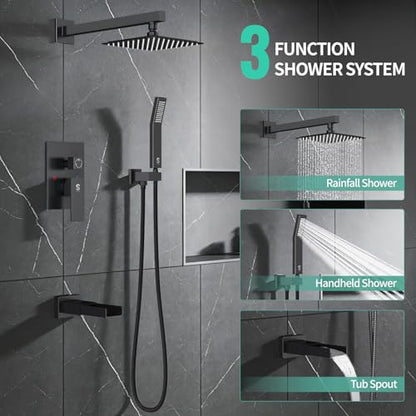 SR SUN RISE 8 Inch All Metal Square Shower System with Tub Spout, Tub Shower Faucet Set, High Pressure Rain Shower Head and Handheld Sprayer Shower Fixtues, Valve Included, Matte Black - color: Matte Black, size: 8 Inch