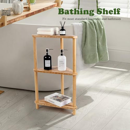Corner Shelf Shower Caddy Stand 3-Tier,Standing Bathroom Organizer | Bamboo,Large Capacity Shower Storage,Space-Saving,Anti-Slip Feet,Waterproof,Easy to Assemble,Durable,Bath,Living Room,Kitchen - style: GU-QZST003