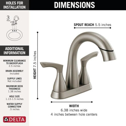 Delta Broadmoor Centerset Brushed Nickel Bathroom Faucet with Sprayer, 4 Inch 3 Hole Bathroom Sink Faucet with Pull Out Sprayer, Push-Pop Drain, Stainless 25765LF-SSPD - color: SpotShield Stainless