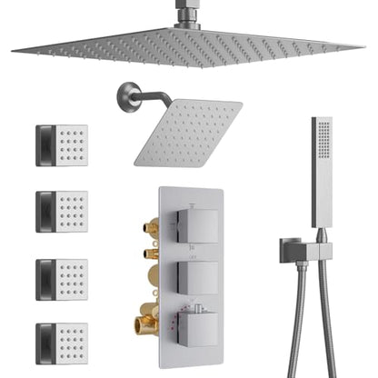Thermostatic Full Body Shower System with Ceiling 12 inch Rainfall Shower and 8 inch Shower Head, Brushed Nickel Shower Faucet Set with Handheld Sprayer and 4 PCS Body Jet - color: Brushed Nickel, size: 12+8" Ceiling Shower