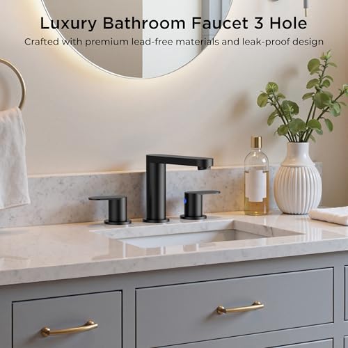 QFN Bathroom Faucet 3 Hole 8 Inch Widespread Vanity Sink Faucet Matte Black | 304 Stainless Steel Bathroom Sink Faucet with Pop-up Drain, 6-12 Inch 3 Hole Install, for RV Laundry Farmhouse Restroom Sink - color: Matte Black, style: Round