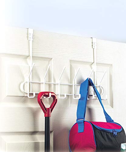 Spectrum Over the Door Organizer with Hooks for Hanging Coats Jackets Bags Totes & Towels, Easy Install Sturdy Steel Over Door Hook Rack Hanger for Bedroom Laundry Room Clost Storage, White