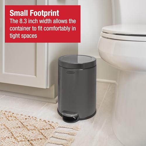 Rubbermaid Stainless Steel Round Step-On Trash Can, 1.6-Gallon, Charcoal, Wastebasket with Lid for Home/Bathroom/Kitchen/Office - style: Round Step-On