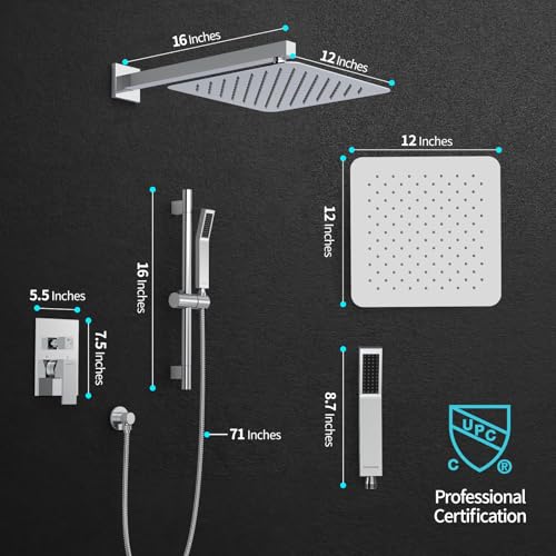 SR SUN RISE 12 Inch Slide Bar Shower System, Square Rain Shower Head and Handheld Spray, Wall Mounted Shower Faucets Sets Complete Included Valve and Shower Trim Kit, Polished Chrome | Rain Head and Handle System,16" Adjustable Shower Slide Bar,Soild Bras