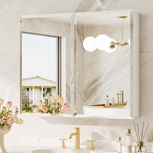TokeShimi 30 x 26 Medicine Cabinet, Assembly Required, Recessed Medicine Cabinet with Tempered Beveled Mirror, DTC Hinge, Frameless Bathroom Mirror with Storage, Recessed/Surface-Mounted - color: White, size: 30x26 in