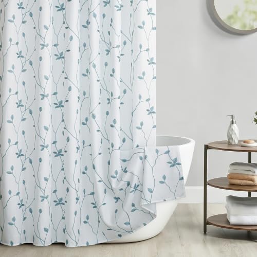 Embroidered Leaf Farmhouse Shower Curtain,Faux Linen,72Wx72L,White Teal | Boho Modern Shower Curtain Set, Washable & Waterproof Fabric, Floral Shower Curtains for Bathroom with Hooks - color: White Teal
