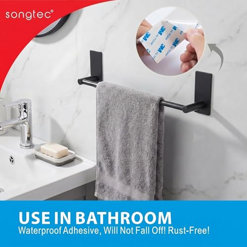 Songtec Adhesive Towel Bar Black 16-Inch, Stick On Bath Towel Rack No Drill, Strong Adhesion Tape Mount Towel Holder, Stainless Steel - Black - color: Black, size: 16-Inch