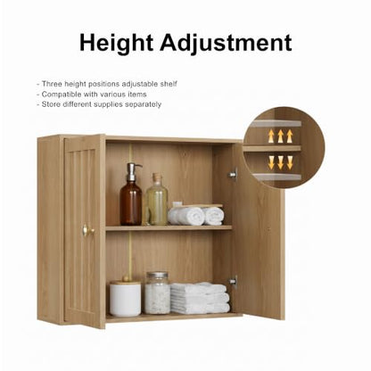 Semiocthome Wall Mounted Bathroom Cabinet with Vertical Grooved Doors, Oak | Wooden Medicine Cabinet with Adjustable Interior Shelf, Versatile Utility Storage for Bathrooms, Living Rooms and Kitchens