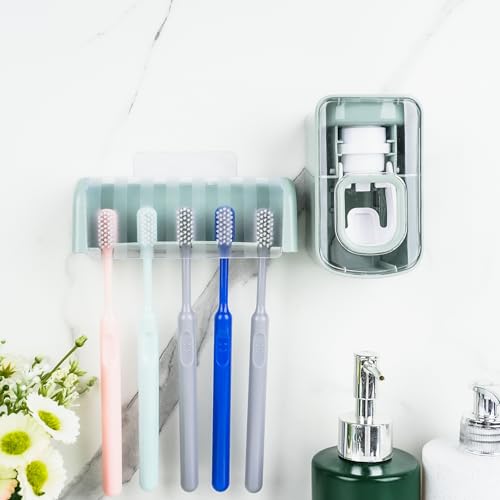 5 Slots Wall Mount Toothbrush Holder with Cover, Self Adhesive Toothbrush Storage Organizer for Shower, Toothbrush Hanger with Automatic Toothpaste Squeezer Dispenser (Blue) - color: Blue Combination
