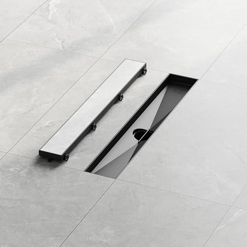 Neodrain 18" Shiny Black Linear Shower Drain,2-in-1 Flat& Tile Insert Cover | 304 Stainless Steel,Fast Drainage, Durable,Rectangle Shower Floor Drain with Adjustable Feet,Hair Strainer,Fits Bathrooms - color: Shiny Black, size: 18 In
