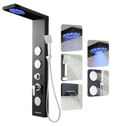 ROVOGO Shower Panel Tower System with Led Lights, 5 Shower Modes, 46.5 Inch | Rainfall Mist Shower Head, 3 Body Jets, Handheld, Waterfall Tub Spout, Stainless Steel Shower Column with Mixing Valve, Black - style: 46.5" Black