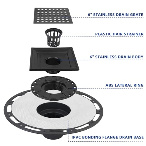 6-Inch Square Shower Drain Kit with Bonding Flange, Matte Black | Removable 304 stainless steel grate with hair strainer; fits 2- and 3-inch pipes for tiled shower floors and wet areas - size: 6in-Black