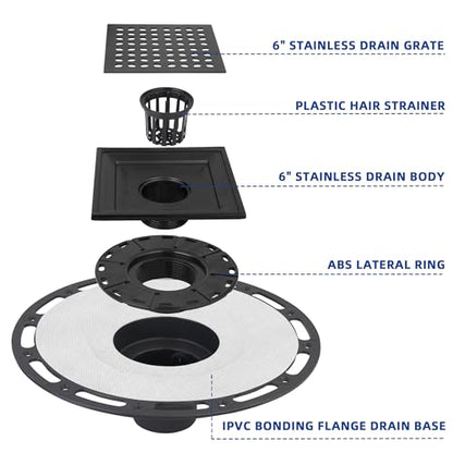 6-Inch Square Shower Drain Kit with Bonding Flange, Matte Black | Removable 304 stainless steel grate with hair strainer; fits 2- and 3-inch pipes for tiled shower floors and wet areas - size: 6in-Black
