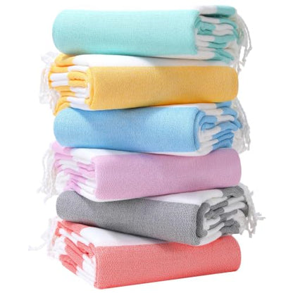 Genovega 6 Oversized Cotton Turkish Beach Bath Towel Set Bulk 74"x38" Extra Large Sand Free Quick Dry Swimming Camping Pool Clearance Towels Blanket Essentials Adult Multi Stripe - color: Orange Lightblue Grey Yellow Purple Lightgreen