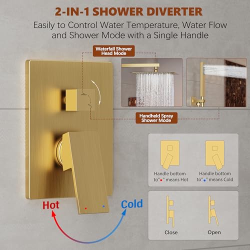 Kurpot Gold Shower System, 10'' Square Rainfall Shower Head with Handheld Combo Spray, Bathroom Brushed Gold Shower Faucet Set with Valve, 59'' Shower Hose, Shower Trim Kit and Diverter, Wall Mounted - color: Brushed Gold