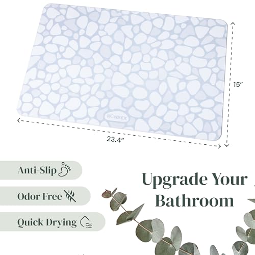 ROHKEX Stone Shower Mat - Diatomite Blue & White, 15x24, Non-Slip | Diatomaceous earth mat - fast-drying, non-slip, textured - Use for bathroom & shower floor, easy clean - color: Blue - White