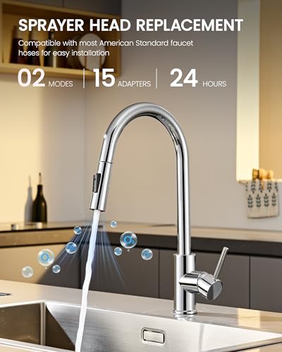 Metal Kitchen Faucet Head Replacement | 2-Mode Pull Down Kitchen Faucet Spray Head, with 15 Adapters, High Pressure Sink Sprayer Nozzle Stainless Steel, Chrome - color: Chrome