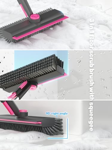 3 in 1 Floor Scrub Brush with Long Handle, Deck Brush with Squeegee | Stiff Dual-side Bristle, 360° Swivel Head with Tweezer, for Tile Wall Deck Bathroom Patio Garage Pool Kitchen (Pink and Gray) - color: Pink and Grey