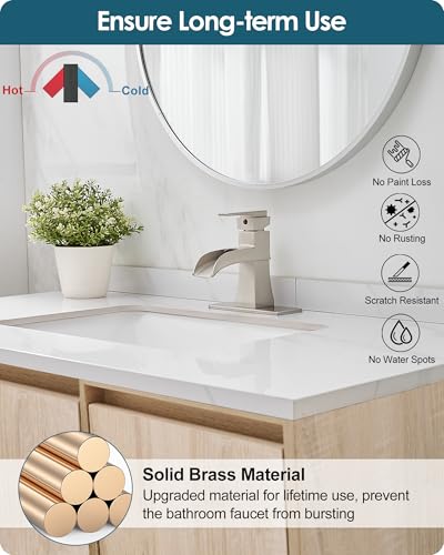 Single Hole Bathroom Faucet 3 Hole (4 Inch), Brass Waterfall Faucet Single Handle, Bathroom Faucets Brushed Nickel Bathroom Sink Faucet with Deck Plate & Pre-Install Hoses Without Pop-up Drain - color: Brushed Nickel - Classic