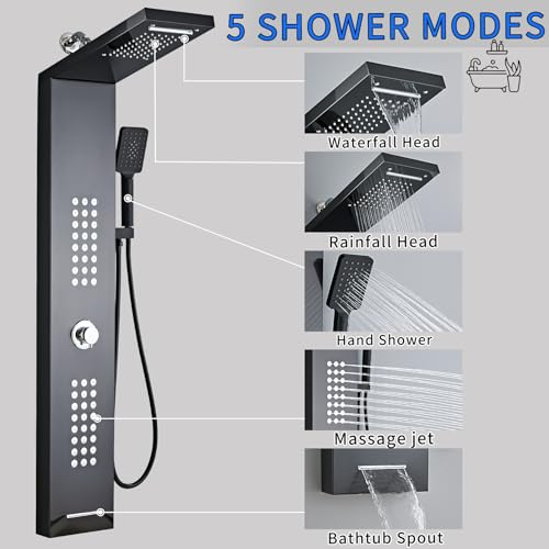 Lengthened Shower Panel Tower System Rain Shower Head | Rainfall Waterfall Shower,Handheld High Pressure Rain Massage System(Black) - color: Black, style: Upgrade and lengthen