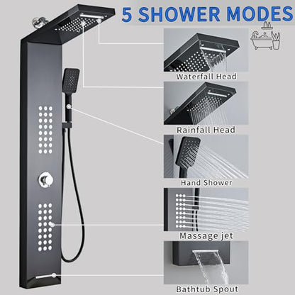 Lengthened Shower Panel Tower System Rain Shower Head | Rainfall Waterfall Shower,Handheld High Pressure Rain Massage System(Black) - color: Black, style: Upgrade and lengthen