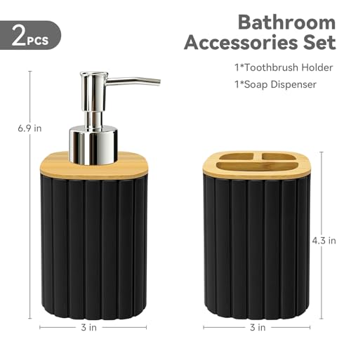 Bathroom Accessories Set, 2PCS Black Soap Dispenser and Toothbrush Holder | Bamboo Bathroom Sets Accessories, Bathroom Set Striped - color: Black