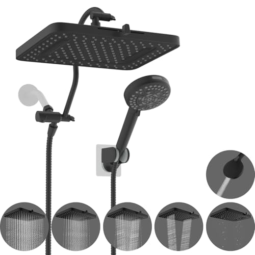 Hibbent 13'' 5-spray Rain Shower Head with 10-Spray Handheld, Matte Black | cUPC Certified High Pressure Dual Showerhead Combo, Upgraded Rainfall Shower Head, 12'' Extension Arm, 71'' Hose & Holder - color: Matte Black, style: Square 13''