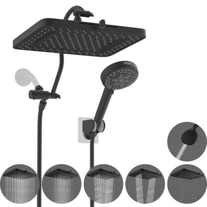 Hibbent 13'' 5-spray Rain Shower Head with 10-Spray Handheld, Matte Black | cUPC Certified High Pressure Dual Showerhead Combo, Upgraded Rainfall Shower Head, 12'' Extension Arm, 71'' Hose & Holder - color: Matte Black, style: Square 13''