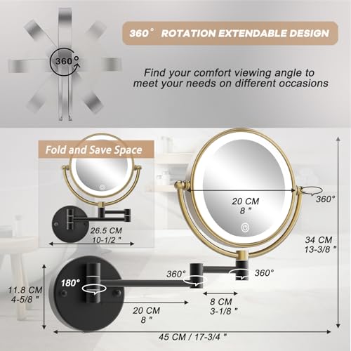 Lighted Magnifying Makeup Mirror Wall Mounted, 1/11X, Brushed Moderne Brass | 3 Color LED Lighting, Touch Dimming, Memory Function, Double Sided 8" Bathroom Vanity, Extension Arm 361 Rotation, Hardwired - color: Matte Black With Brushed Moderne Brass