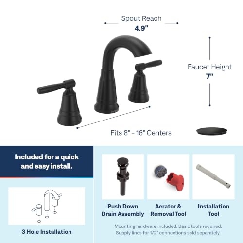 Moen Halle Matte Black Widespread Traditional Bathroom Faucet with Drain Assembly for 3-Hole Applications, 84972BL - color: Matte Black