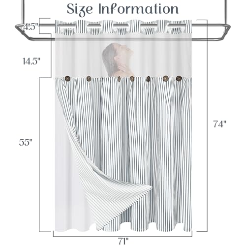 ASPMIZ Farmhouse Striped Shower Curtain and Liner Set No Hook, Grey 71x74 | No Hook Shower Curtain with Snap in Liner Fabric, Rustic Washable Waterproof Bathroom Curtains with Button, Mesh Top Window - color: Grey Striped, size: 71"W x 74"L (Pack of 1), s