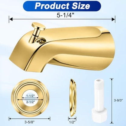 Universal Polished Gold Tub Spout with Diverter, Metal Cover and Adapter | Pull Down Bathroom Tub Faucet Replacement, for 1/2" Copper Pipe, 1/2" IPS & 3/4" IPS threaded, Bathtub Spout with Hex Wrench - color: Gold