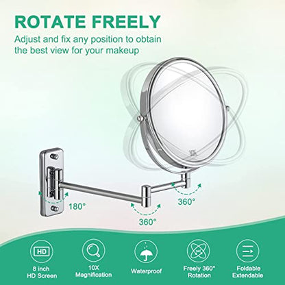 Beauty Mirror,10X Hotel Bathroom Wall Mounted Makeup Mirror, 8 Inch Extendable Bathroom Mirror Foldable Magnifying Double-Sided Shaving Mirror for Bathroom Vanity Brushed Nickel 8 inches 7X