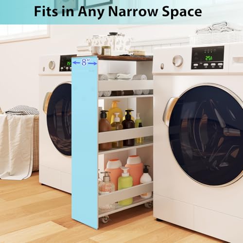 POWERSTONE 4-Tier Slim Storage Cart, Narrow Kitchen Rolling Cart w/Handle & Open Shelves, Skinny Slide Out Utility Organizer Trolley for Kitchen Bathroom Laundry Small Spaces White & Rustic Brown - color: White & Rustic