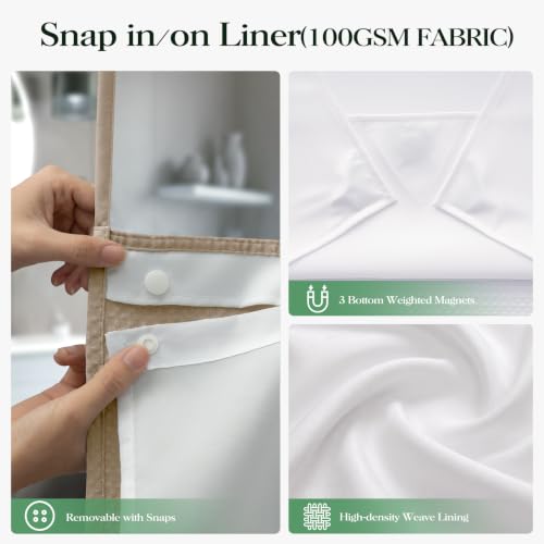 Beige Hook Free Waffle Shower Curtain & Snap-in Fabric Liner,72x81 | Less Time to install, 3 in 1 Fabric Shower Curtain and Liner Set with Magnets, Long, Shower Curtains for Bathroom - color: B Beige, size: 72"W x 81"L (Pack of 1)